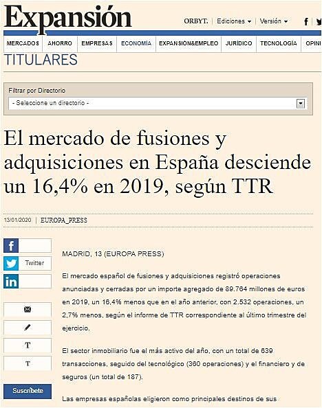 El mercado de fusiones y adquisiciones en Espaa desciende un 16,4% en 2019, segn TTR